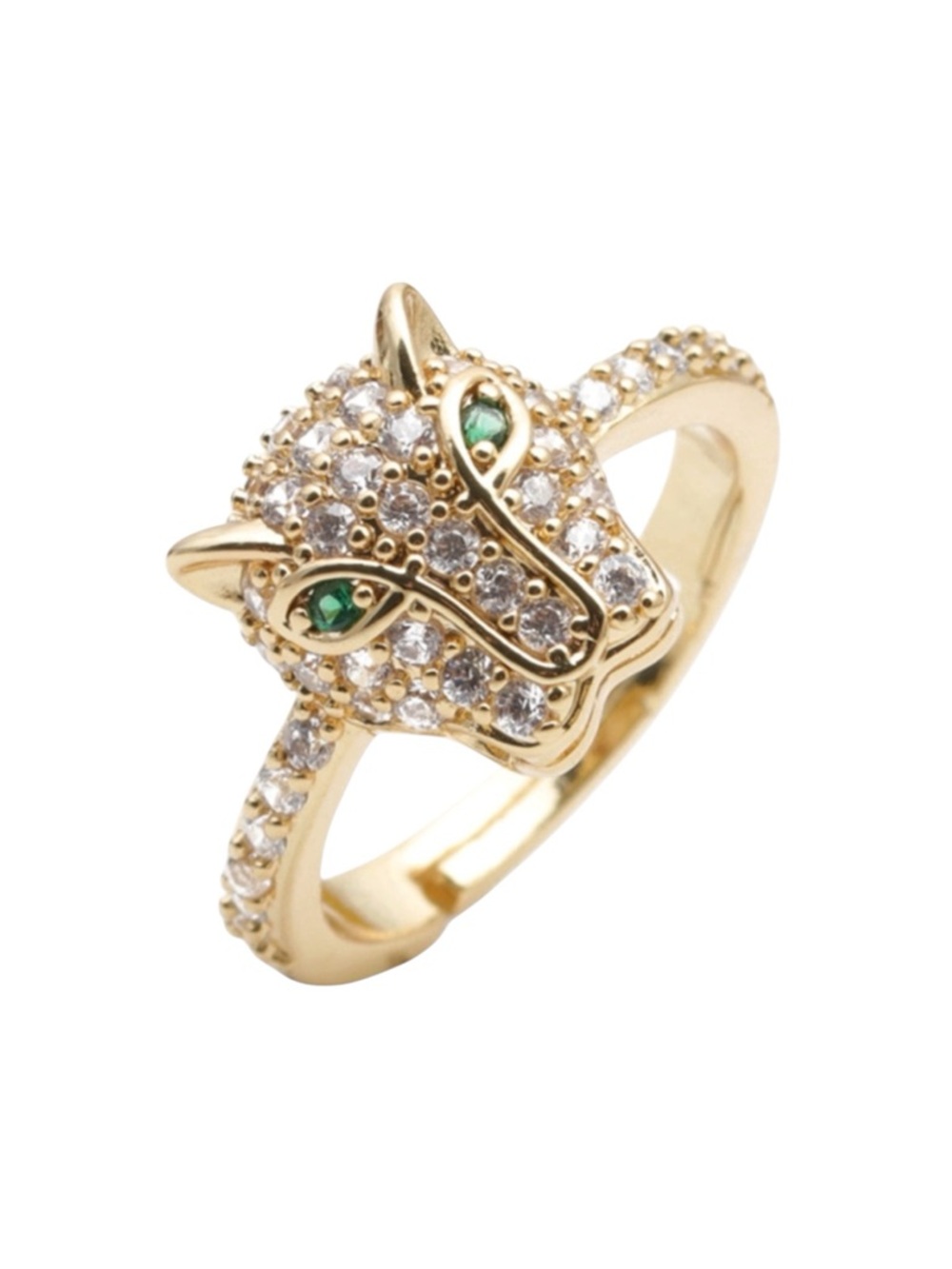 Gold Crystal Panther Head Ring with Green Eyes